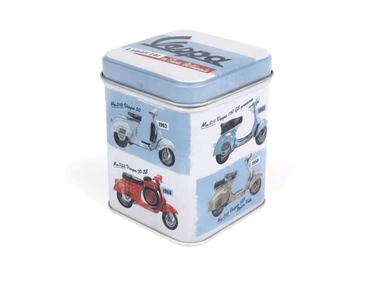 Teedose – „Vespa Model Chart“, Vespa Merchandising, Vespa Kleinigkeiten, Vespa Fanartikel, Vespa Aufbewahrungsdose, Vespa Geschenkideen, Teedose Vespa Model Chart