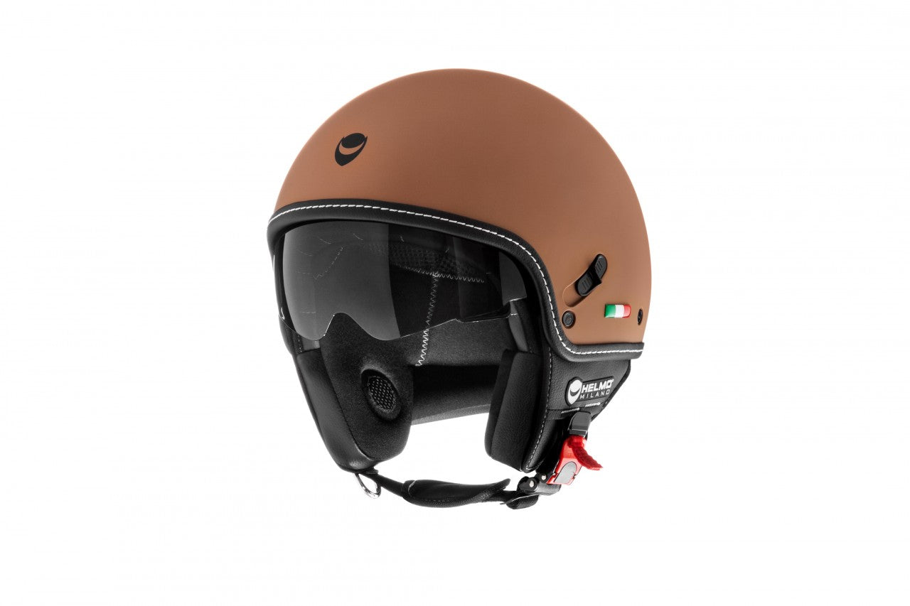 Helmo Milano Demi Jet, Puro Stile, camel/braun/schwarz, Helmo Milano Helme mit Sonnenblende, Helmo Milano Helme braun, braune Vespa Helme, schlichte Vespa Helme mit Sonnenvisier, Sonnenvisier