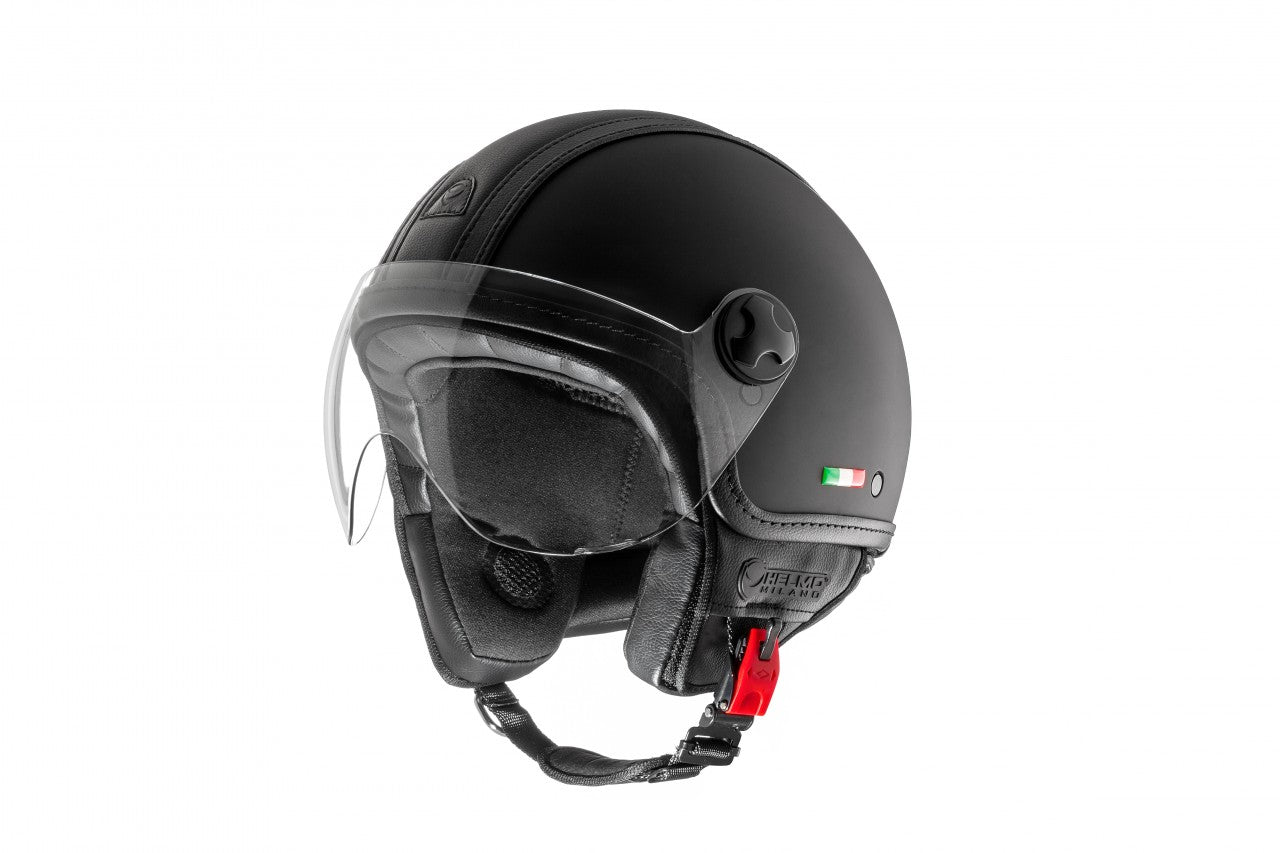 Helmo Milano Demi Jet, PelleDura Rubber Black Leather, Helmo Milano Helm schwarz , beliebtester Vespahelm , beliebtester Rollerhelm , beliebtester Helmo Milano Helm,Helmo Milano Helme mit langem Visier , Helmo Milano Helme , braune Vespa Helme, schlichte Vespa Helme mit langen klaren Visier
