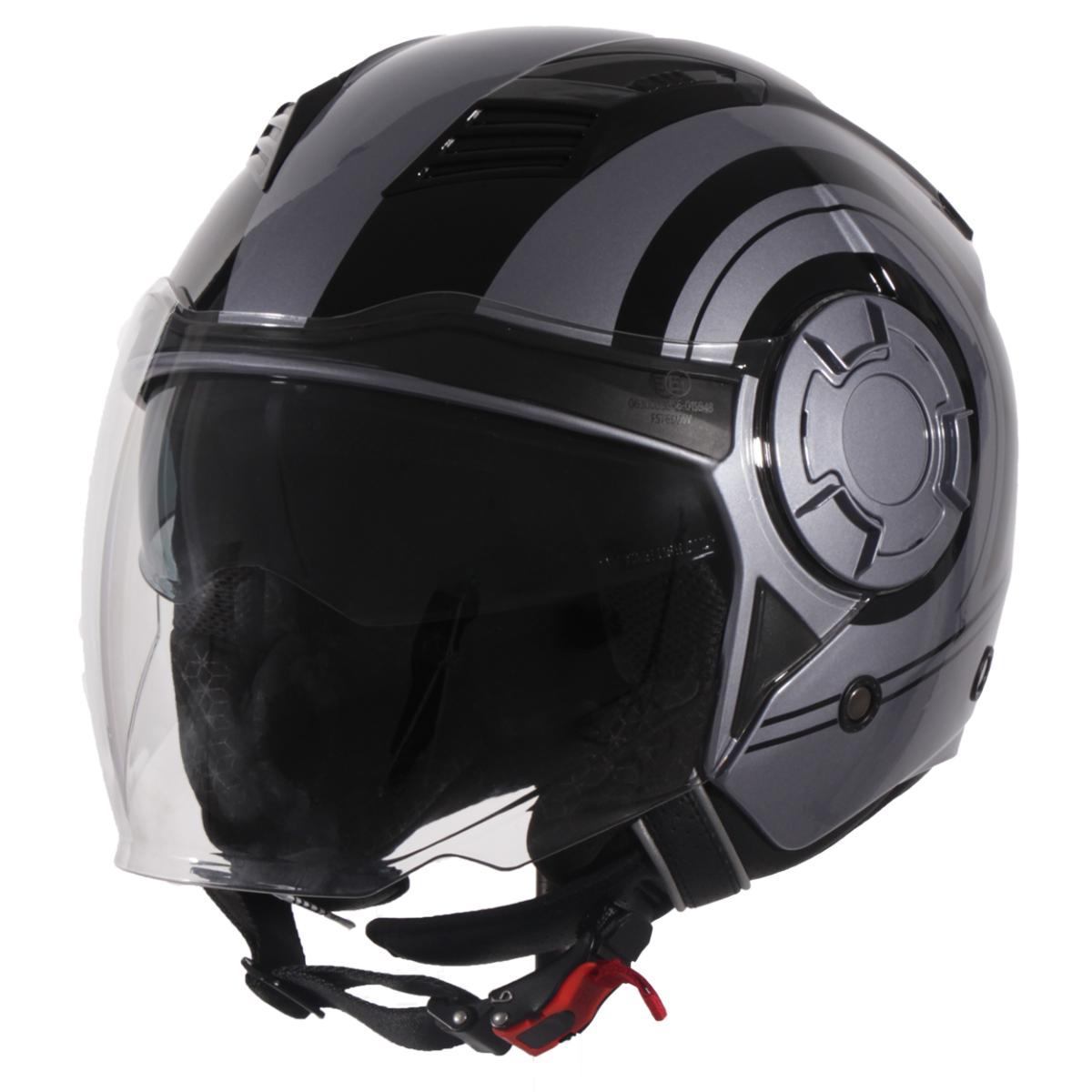 Jethelm Vito Isola glanz grau/schwarz, Vito Helme, billige/günstige Vespa Helme, Vespa Helm, Motorradhelm günstig, Helm ECE 22-06, Motorradhelme mit Visier, Vespa Helme mit Sonnenvisier, Rollerhelme günstig mit zwei Visieren