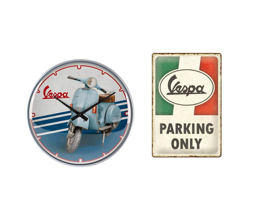 Heimausstattung - Bundle, Vespa Merchandising Bundles, Vespa Uhr, Vespa Metallschild 