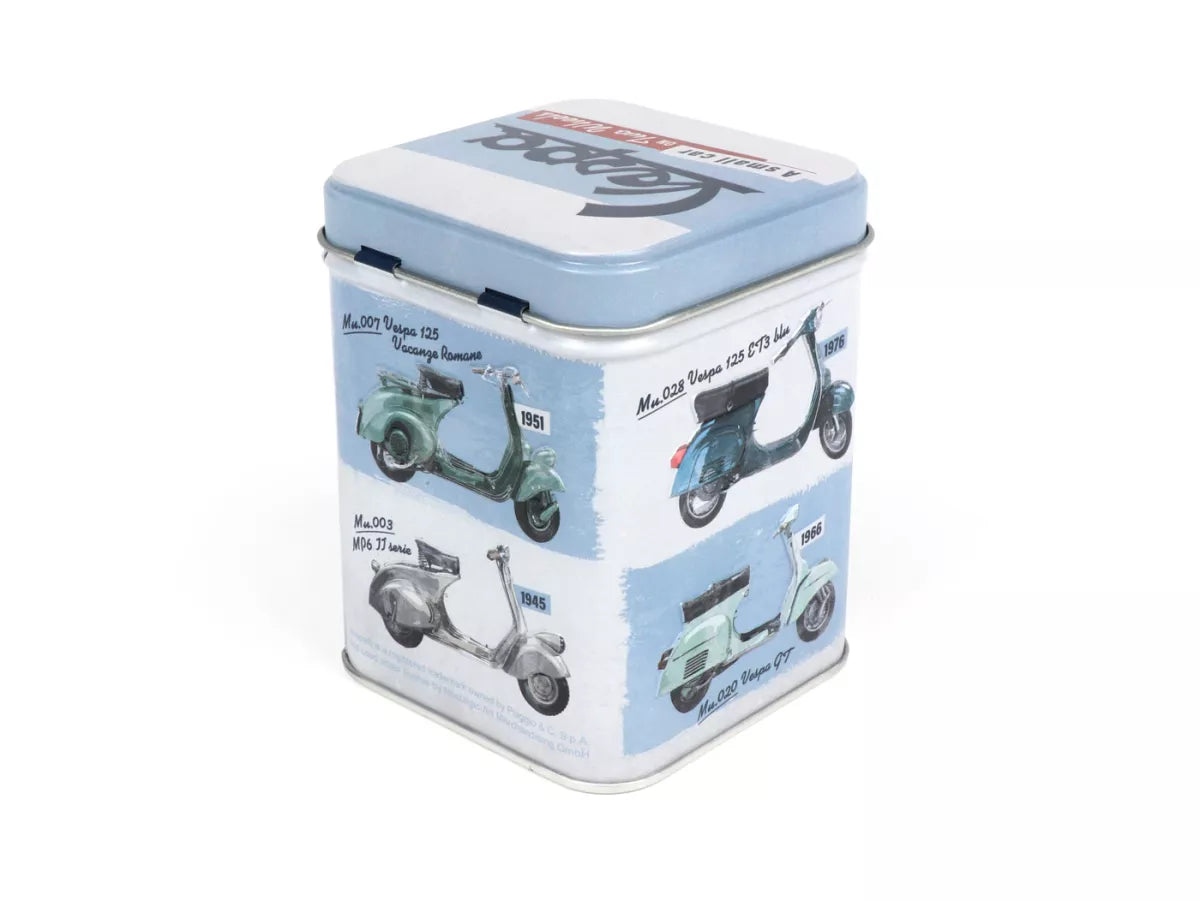 Teedose – „Vespa Model Chart“, Vespa Merchandising, Vespa Kleinigkeiten, Vespa Fanartikel, Vespa Aufbewahrungsdose, Vespa Geschenkideen, Teedose Vespa Model Chart