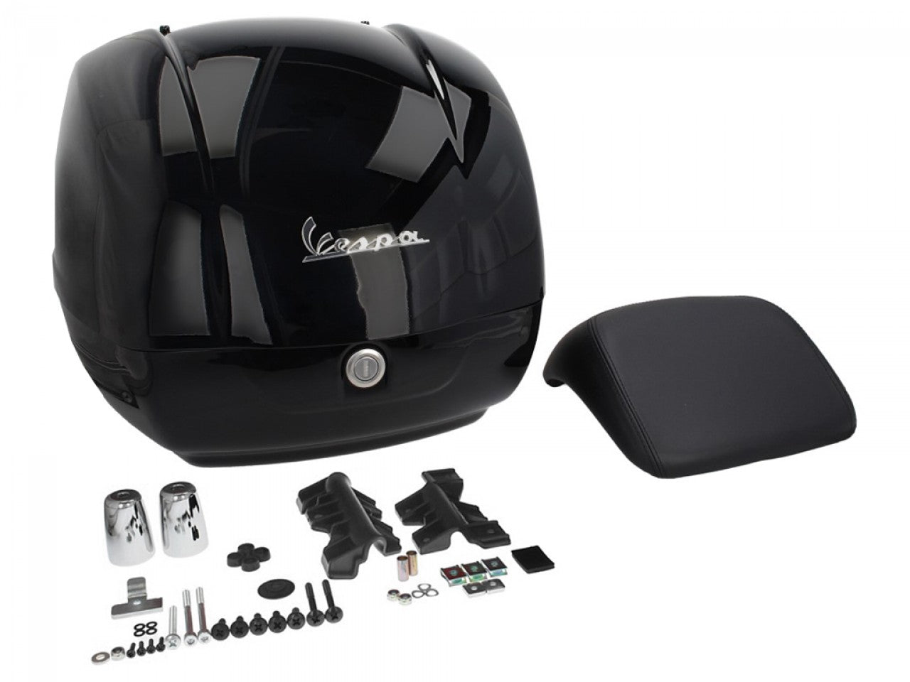 Top Case Kit Vespa (incl. Halteplatte), 36 l, schwarz glänzend, schwarzes Top Case Set Vespa, Vespa Top case Set, Vespa Top Case schwarz glänzend