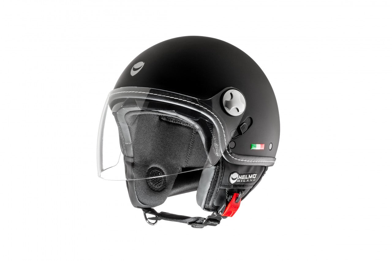 Helmo Milano Demi Jet, Eos, schwarz, matt für Vespa, Helmo Milano günstig Eos schwarz, Helmo Milano Helme mit langem Visier, Helmo Milano Helme, EOS Vespa Helme, schlichte Vespa Helme mit langem klaren Visier