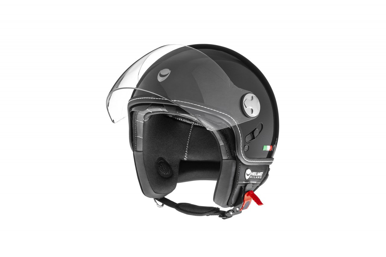 Helmo Milano Demi Jet, Eos, schwarz für Vespa, Helmo Milano günstig Eos schwarz mit Visier, Helmo Milano Helme mit langem Visier, Helmo Milano Helme, EOS Vespa Helme, schlichte Vespa Helme mit langem klaren Visier