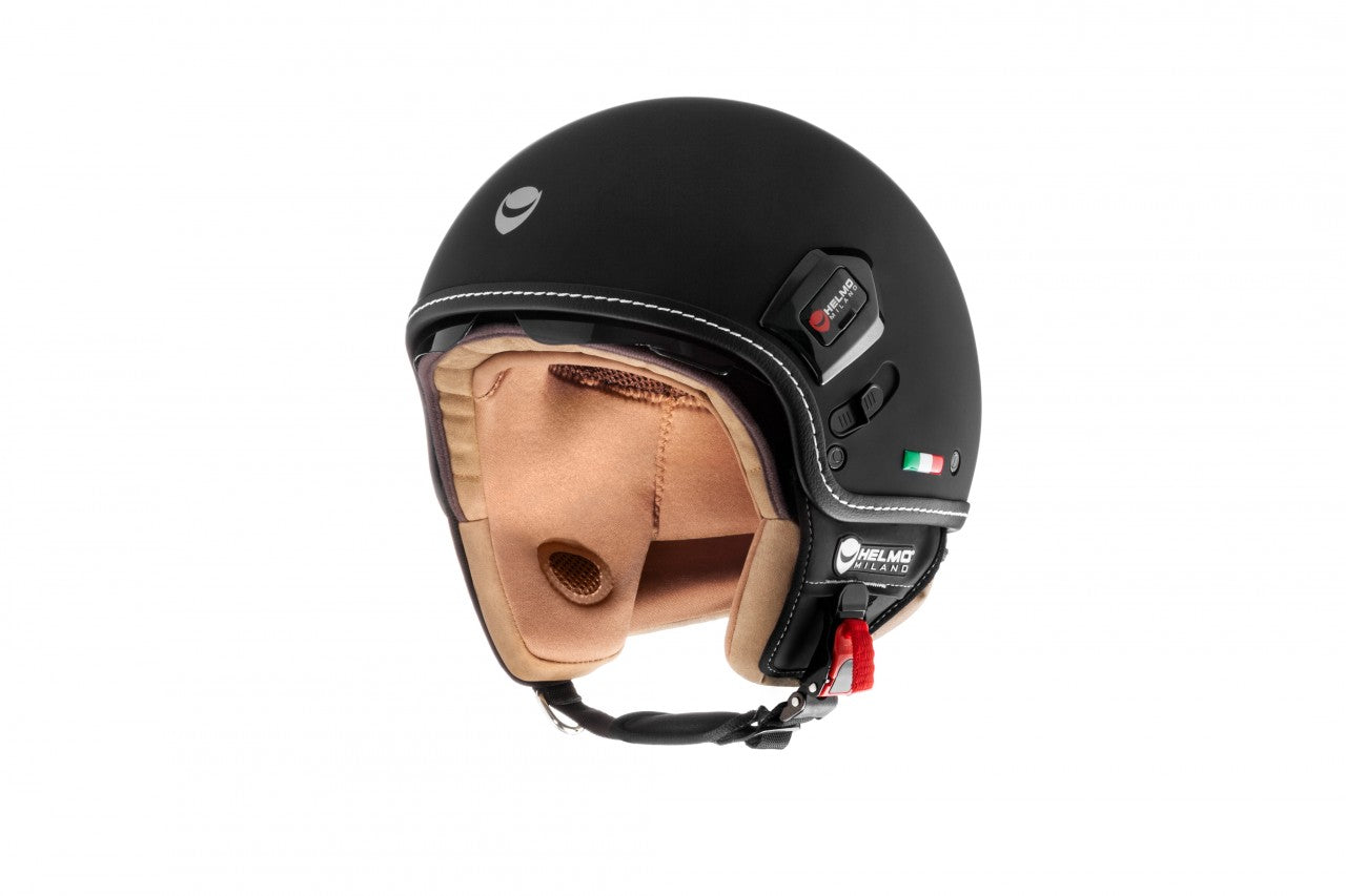 Helmo Milano Demi Jet, Puro Premium, schwarz, matt, Helmo Milano Helm schwarz matt, günstiger Vespahelm, Helmo Milano Helme mit Sonnenblende, Helmo Milano Helme braun, braune Vespa Helme, schlichte Vespa Helme mit Sonnenvisier, Sonnenvisier