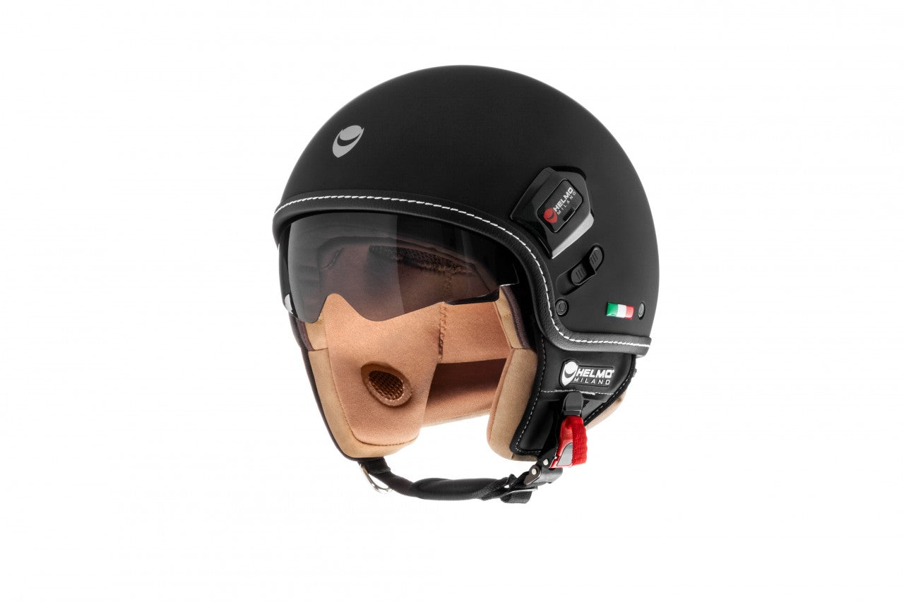 Helmo Milano Demi Jet, Puro Premium, schwarz, matt, Helmo Milano Helm schwarz matt, günstiger Vespahelm, Helmo Milano Helme mit Sonnenblende, Helmo Milano Helme braun, braune Vespa Helme, schlichte Vespa Helme mit Sonnenvisier, Sonnenvisier