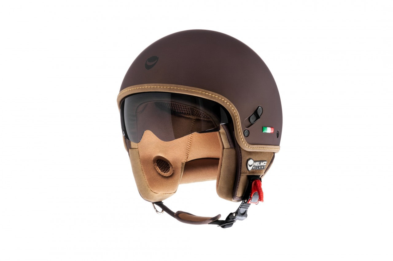 Helmo Milano Demi Jet, Puro Stile, camel/braun/schwarz, Helmo Milano Helme mit Sonnenblende, Helmo Milano Helme braun, braune Vespa Helme, schlichte Vespa Helme mit Sonnenvisier, Sonnenvisier