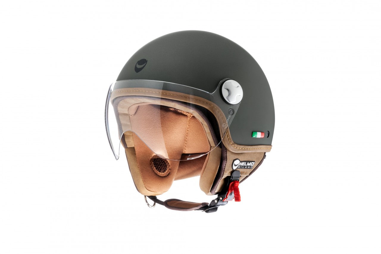 Helmo Milano Demi Jet, VaPensiero rubber green für Vespa, günstige Helmo Milano Helme, Helmo Milano, Helmo Milano helme mit langem visier, Helmo Milano helme mit langem klaren Visier, helmo Milano Va Pensiero