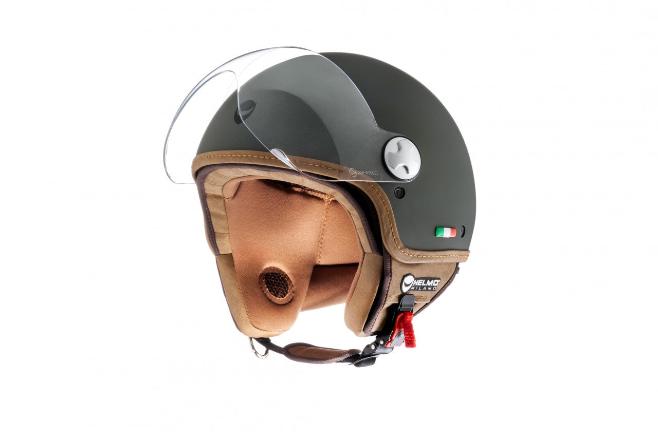 Helmo Milano Demi Jet, VaPensiero rubber green für Vespa, günstige Helmo Milano Helme,  Helmo Milano, Helmo Milano Helme mit langem Visier, Helmo Milano Helme mit langem klarem Visier, Helmo Milano Va Pensiero