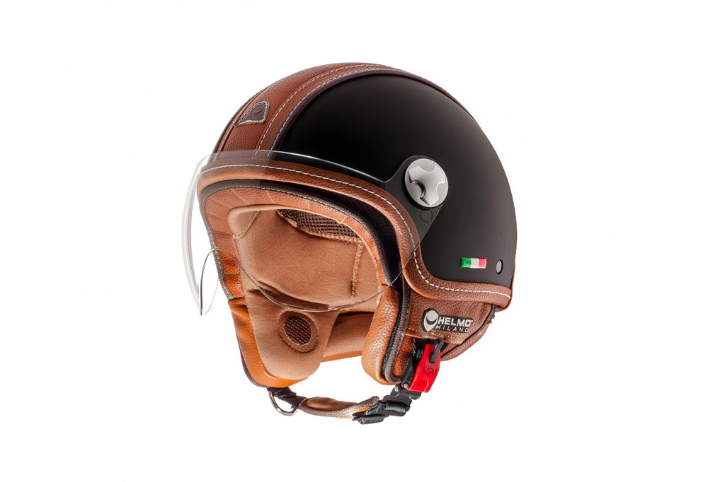 Helmo Milano Demi Jet, PelleDura Rubber Black , Helmo Milano Helm schwarz , beliebtester Vespahelm , beliebtester Rollerhelm , beliebtester Helmo Milano Helm, ,Helmo Milano Helme mit langem Visier, Helmo Milano Helme, braune Vespa Helme, schlichte Vespa Helme mit langen klaren Visier