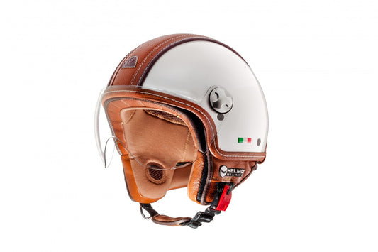 Helmo Milano Demi Jet, PelleDura Pearl White , Helmo Milano Helm Weiß , beliebtester Vespahelm , beliebtester Rollerhelm , beliebtester Helmo Milano Helm, ,Helmo Milano Helme mit langem Visier, Helmo Milano Helme, braune Vespa Helme, schlichte Vespa Helme mit langen klaren Visier