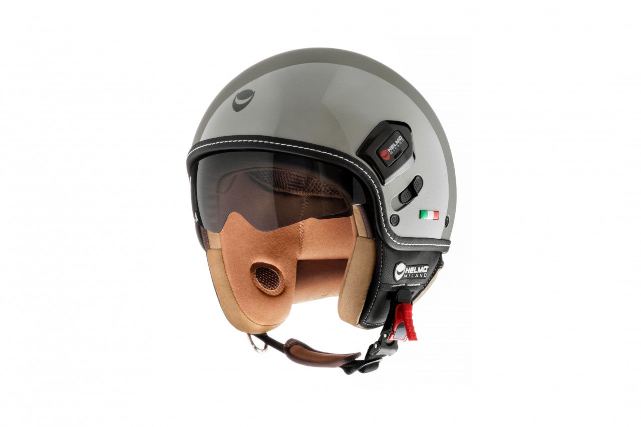 Helmo Milano Demi Jet, Puro Premium Glossy Medium Grey, helmo Milano Helm Grau scheinend, Vespa Helm grau ,  Rollerhelm grau , Helm mit  Visier , Helmo Milano Helme mit Sonnenblende, Helmo Milano Helme braun, braune Vespa Helme, schlichte Vespa Helme mit Sonnenvisier, Sonnenvisier