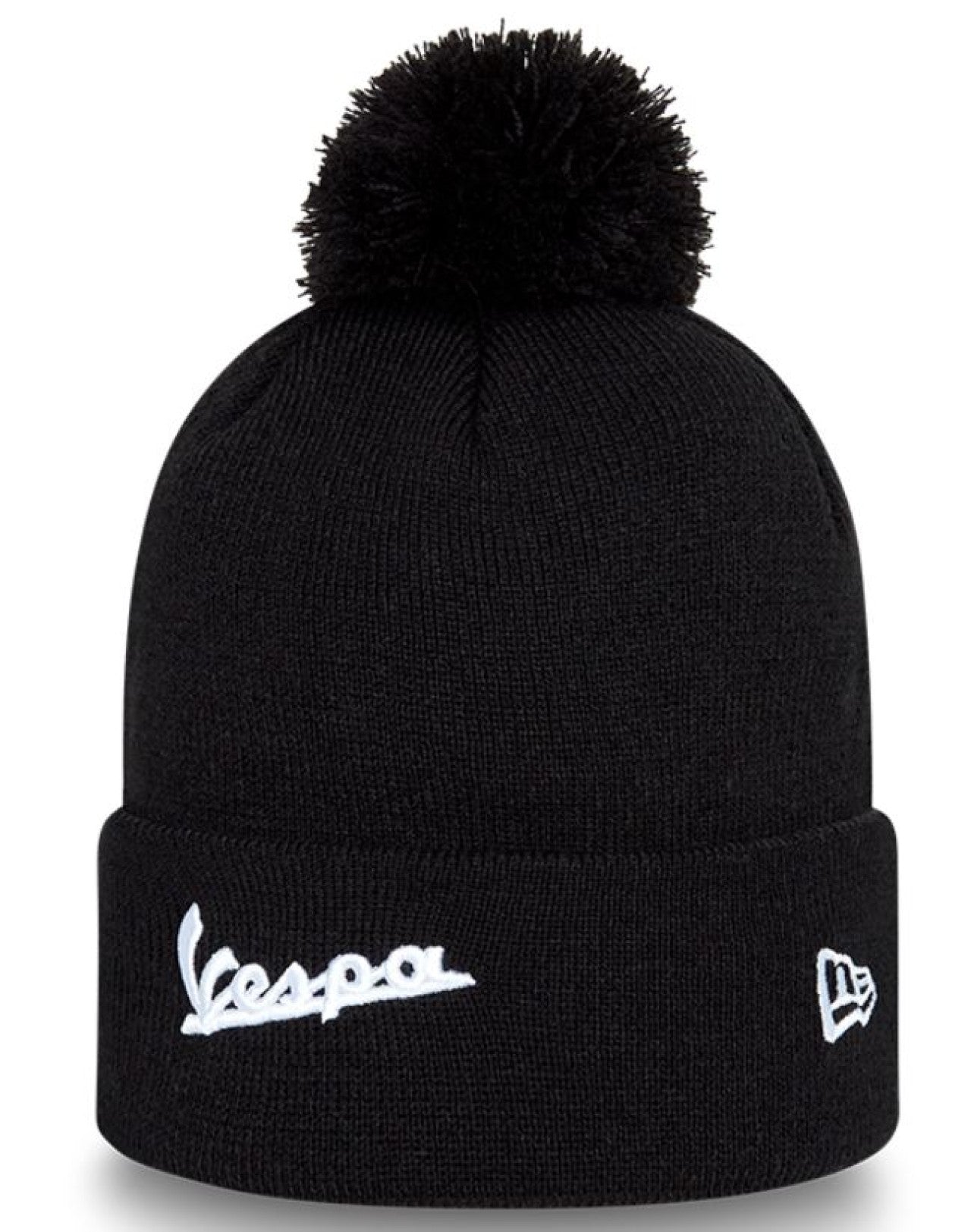 schwarze Mütze mit Knit bobble, Vespa Mütze, Vespa Mütze mit Bommel, Mütze mit Vespa Motiv